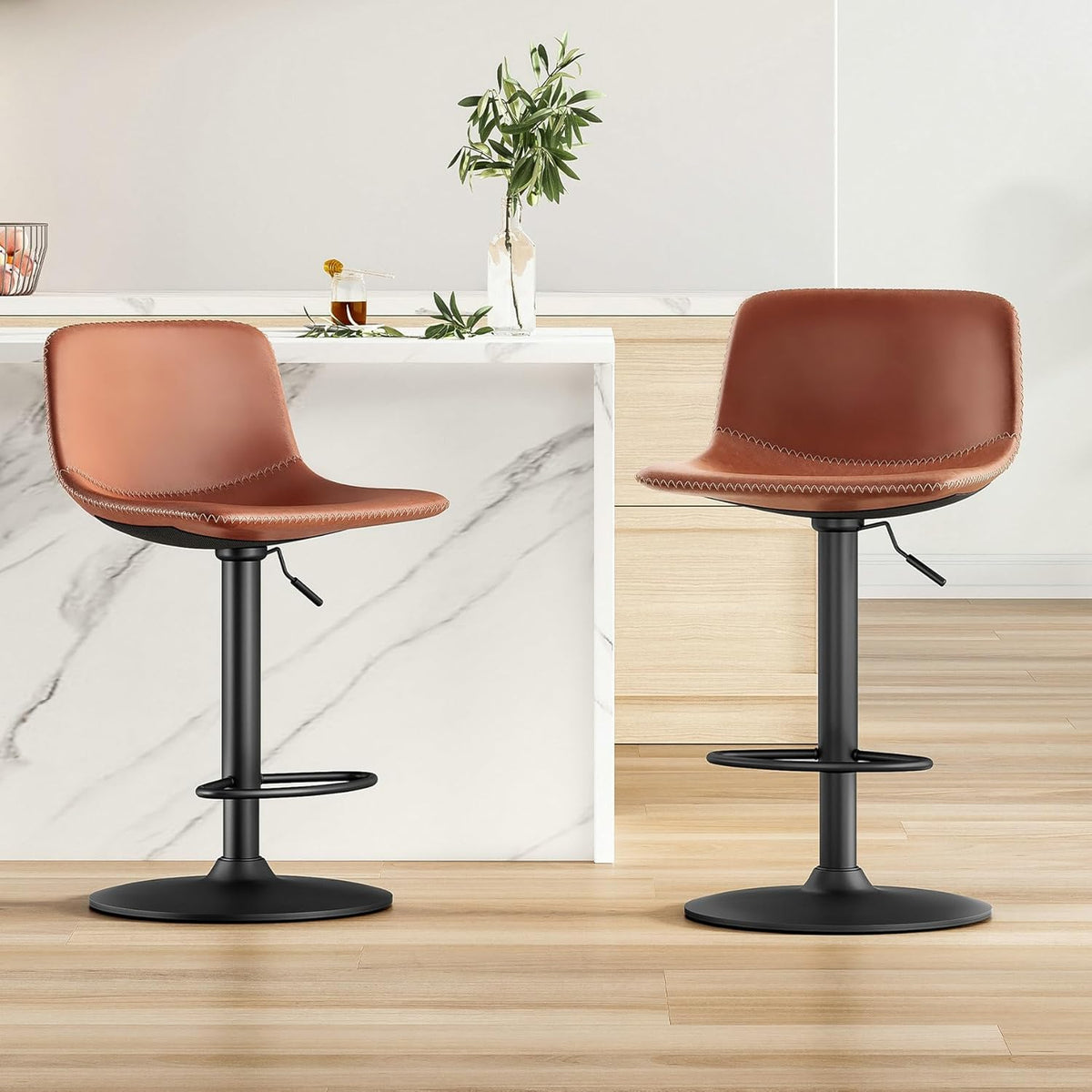 Adjustable Bar Stools Set of 2, Mid Century Modern Swivel Bar Stools, Industrial Bar Height Stools with Back Support Counter Height Bar Chairs Pu Leather Bar Stool for Kitchen Island Rustic Barstools - Grand Goldman