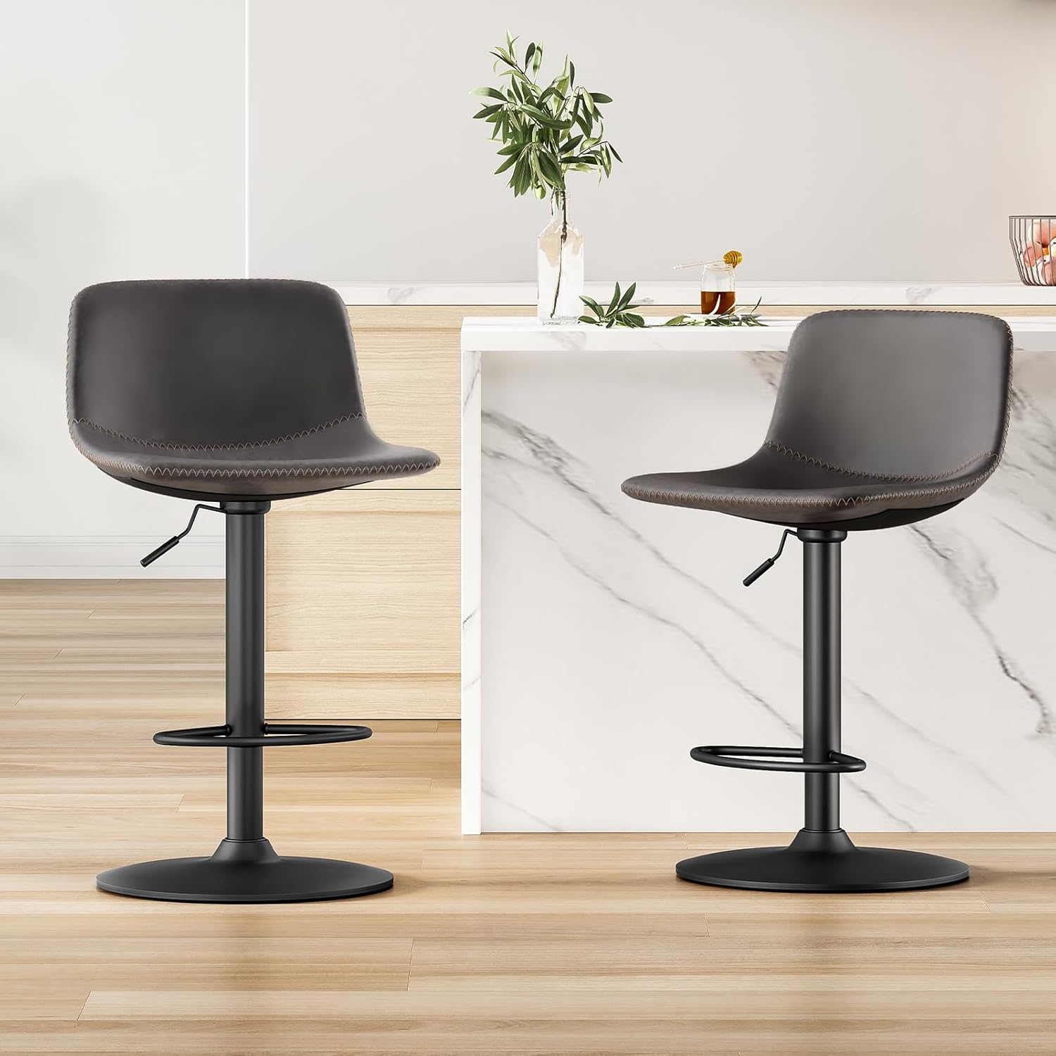 Adjustable Bar Stools Set of 2, Mid Century Modern Swivel Bar Stools, Industrial Bar Height Stools with Back Support Counter Height Bar Chairs Pu Leather Bar Stool for Kitchen Island Rustic Barstools - Grand Goldman