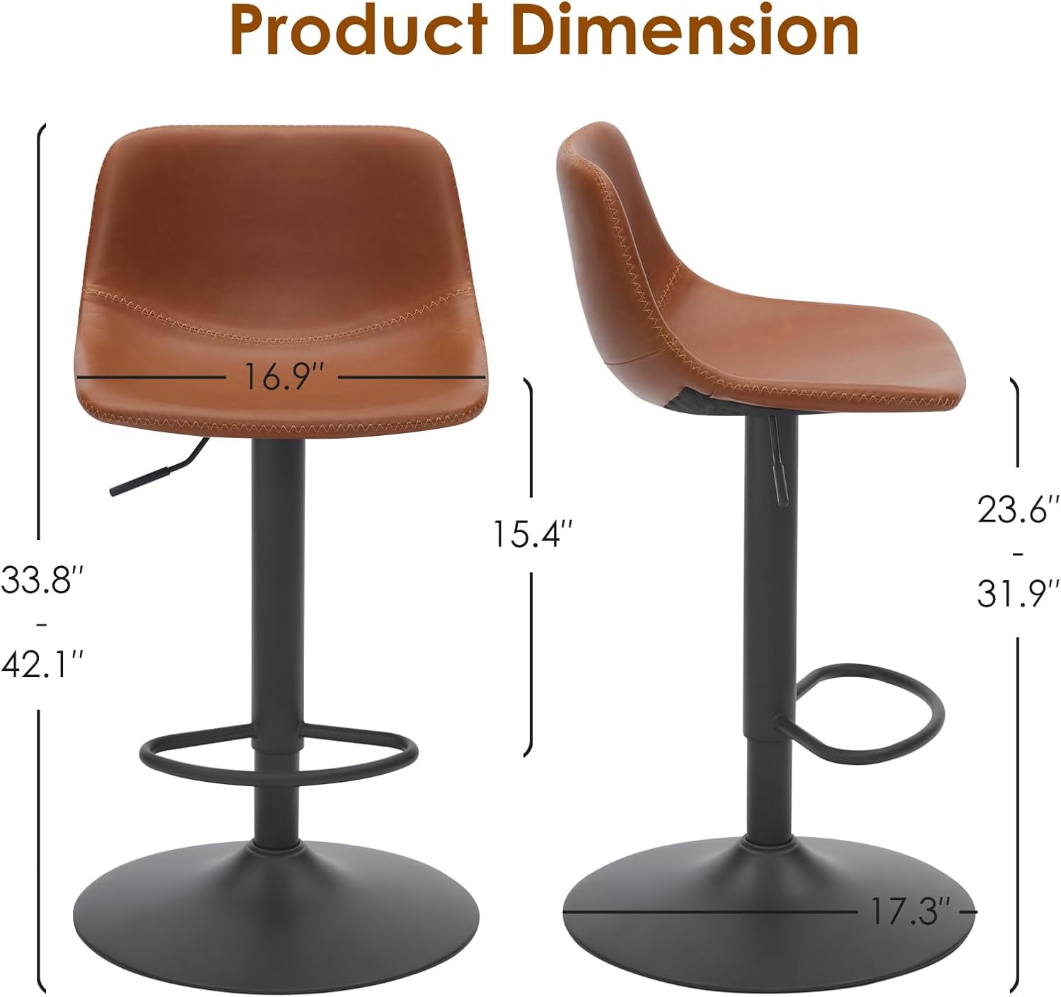 Adjustable Bar Stools Set of 2, Mid Century Modern Swivel Bar Stools, Industrial Bar Height Stools with Back Support Counter Height Bar Chairs Pu Leather Bar Stool for Kitchen Island Rustic Barstools - Grand Goldman