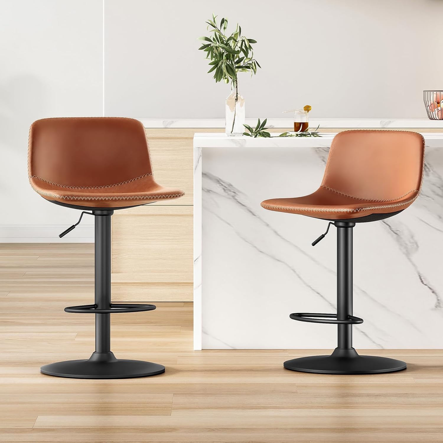 Adjustable Bar Stools Set of 2, Mid Century Modern Swivel Bar Stools, Industrial Bar Height Stools with Back Support Counter Height Bar Chairs Pu Leather Bar Stool for Kitchen Island Rustic Barstools - Grand Goldman
