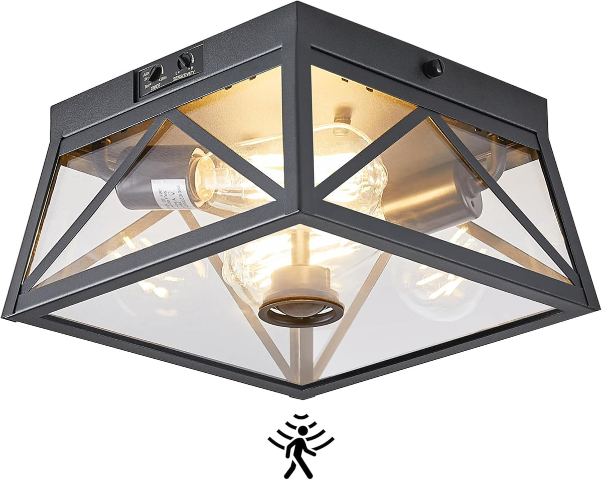 Adjustable Motion Sensor Ceiling Light Fixture Outdoor Modern Design of Squares Flush Mount 2-Light Textured Black with Clear Glass for Your Porch,Garage,Patio,Hallway,Front and Back Yards - Grand Goldman