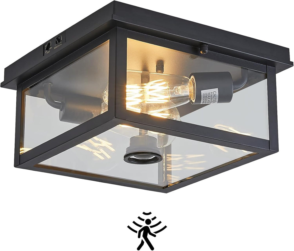 Adjustable Motion Sensor Ceiling Light Fixture Outdoor Modern Design of Squares Flush Mount 2-Light Textured Black with Clear Glass for Your Porch,Garage,Patio,Hallway,Front and Back Yards - Grand Goldman