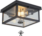 Adjustable Motion Sensor Ceiling Light Fixture Outdoor Modern Design of Squares Flush Mount 2-Light Textured Black with Clear Glass for Your Porch,Garage,Patio,Hallway,Front and Back Yards - Grand Goldman