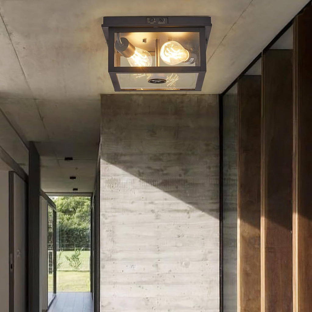 Adjustable Motion Sensor Ceiling Light Fixture Outdoor Modern Design of Squares Flush Mount 2-Light Textured Black with Clear Glass for Your Porch,Garage,Patio,Hallway,Front and Back Yards - Grand Goldman