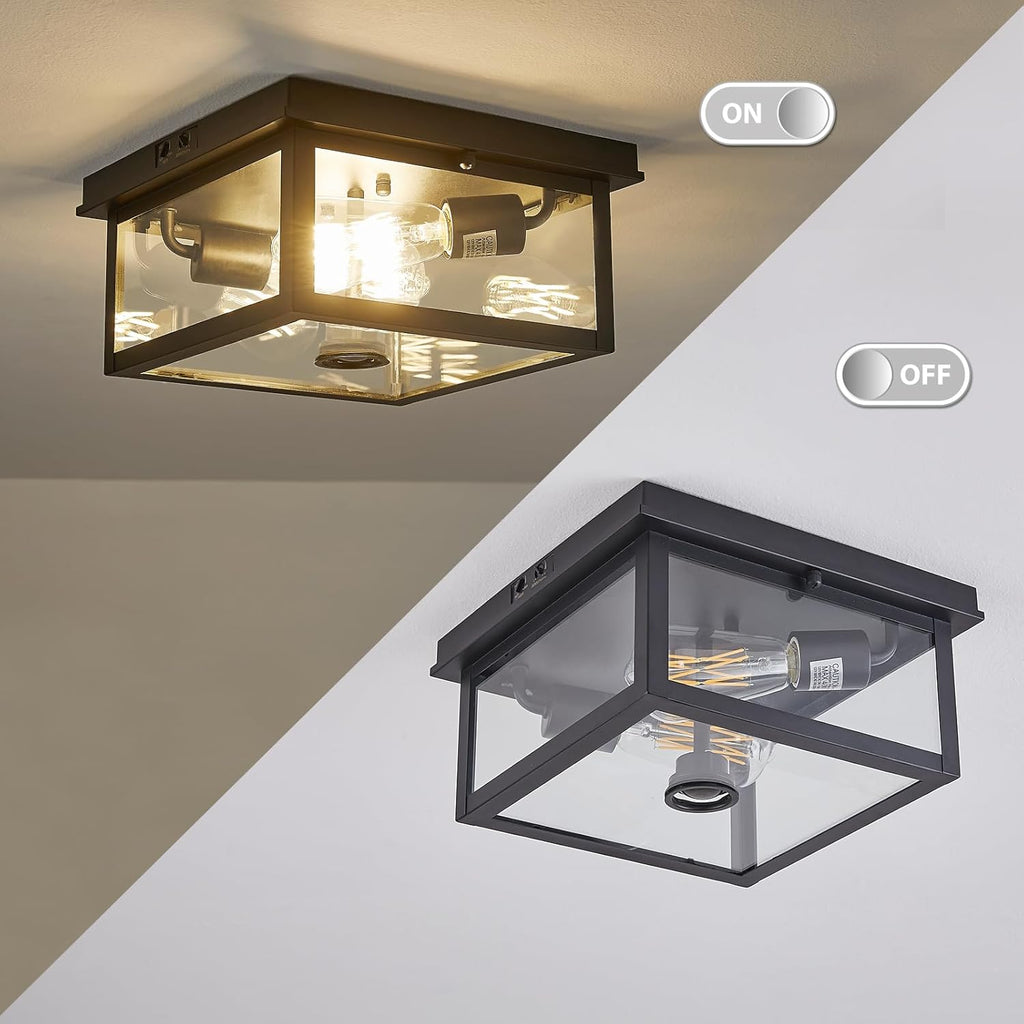 Adjustable Motion Sensor Ceiling Light Fixture Outdoor Modern Design of Squares Flush Mount 2-Light Textured Black with Clear Glass for Your Porch,Garage,Patio,Hallway,Front and Back Yards - Grand Goldman