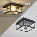 Adjustable Motion Sensor Ceiling Light Fixture Outdoor Modern Design of Squares Flush Mount 2-Light Textured Black with Clear Glass for Your Porch,Garage,Patio,Hallway,Front and Back Yards - Grand Goldman