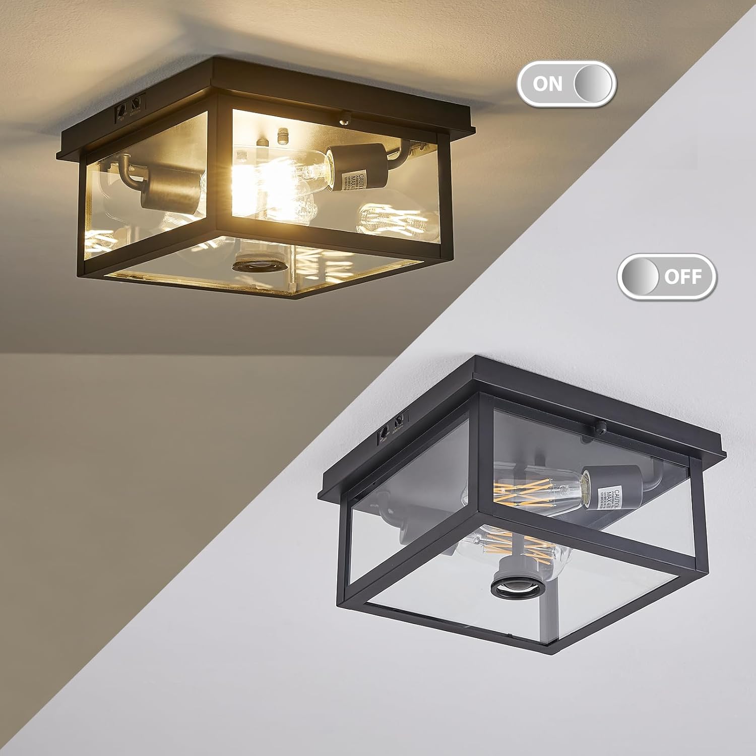 Adjustable Motion Sensor Ceiling Light Fixture Outdoor Modern Design of Squares Flush Mount 2-Light Textured Black with Clear Glass for Your Porch,Garage,Patio,Hallway,Front and Back Yards - Grand Goldman