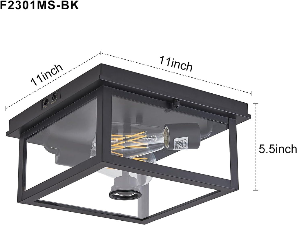 Adjustable Motion Sensor Ceiling Light Fixture Outdoor Modern Design of Squares Flush Mount 2-Light Textured Black with Clear Glass for Your Porch,Garage,Patio,Hallway,Front and Back Yards - Grand Goldman