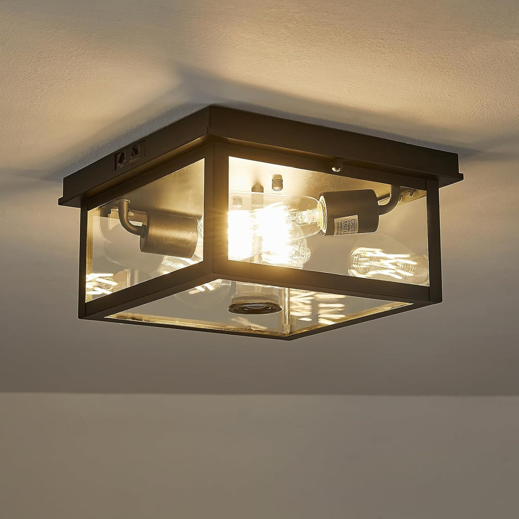 Adjustable Motion Sensor Ceiling Light Fixture Outdoor Modern Design of Squares Flush Mount 2-Light Textured Black with Clear Glass for Your Porch,Garage,Patio,Hallway,Front and Back Yards - Grand Goldman