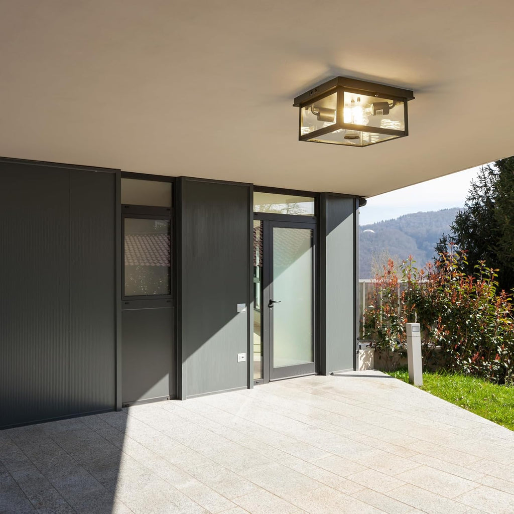 Adjustable Motion Sensor Ceiling Light Fixture Outdoor Modern Design of Squares Flush Mount 2-Light Textured Black with Clear Glass for Your Porch,Garage,Patio,Hallway,Front and Back Yards - Grand Goldman