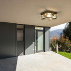 Adjustable Motion Sensor Ceiling Light Fixture Outdoor Modern Design of Squares Flush Mount 2-Light Textured Black with Clear Glass for Your Porch,Garage,Patio,Hallway,Front and Back Yards - Grand Goldman