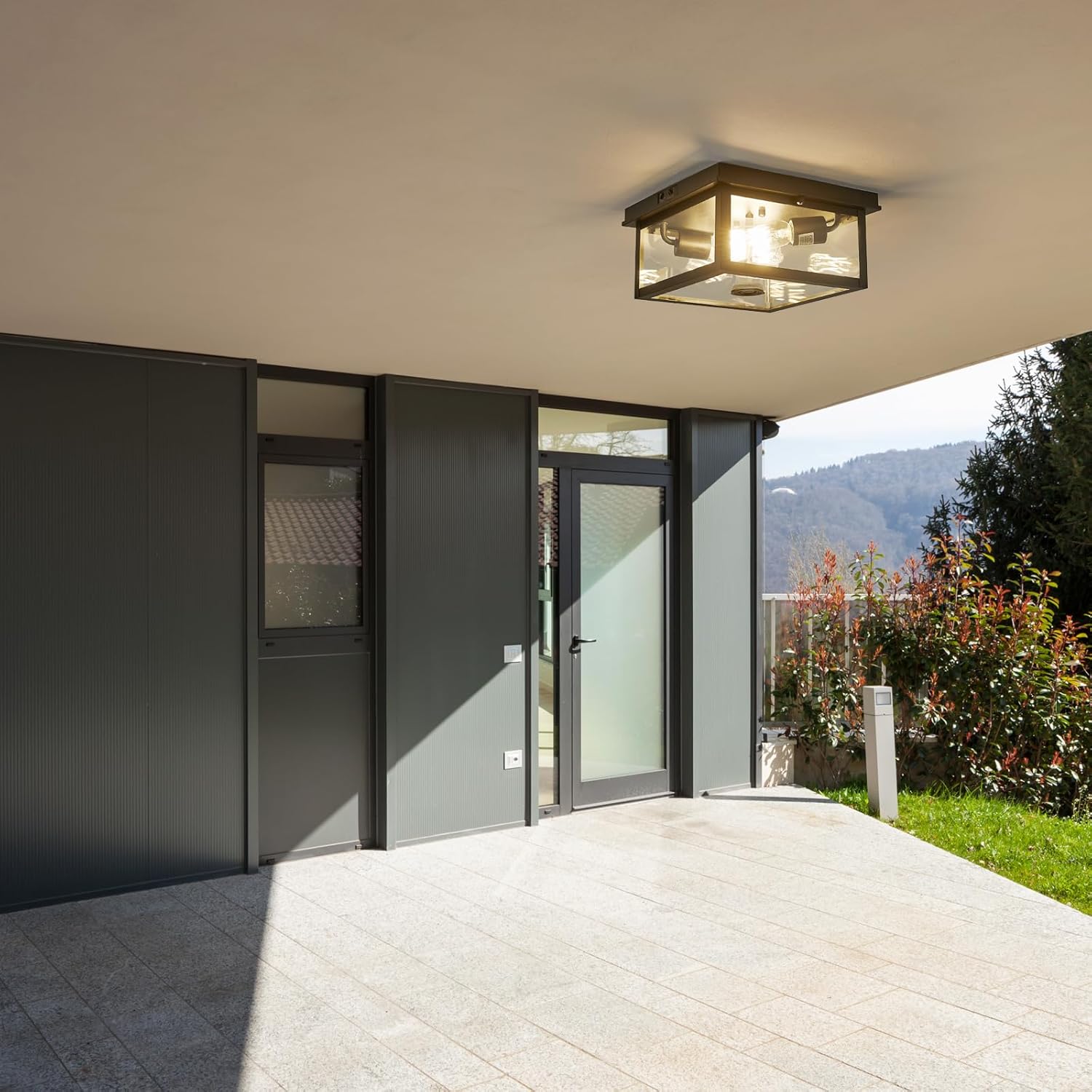 Adjustable Motion Sensor Ceiling Light Fixture Outdoor Modern Design of Squares Flush Mount 2-Light Textured Black with Clear Glass for Your Porch,Garage,Patio,Hallway,Front and Back Yards - Grand Goldman