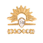 Juego de 3 anillos apilables elegantes para damas, chapados en oro de 18K, de acero inoxidable, con sol acanalado, piedra de imitación en forma de lágrima y piedra de imitación Rhines