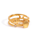 Juego de 3 anillos apilables elegantes para mujer de acero inoxidable chapados en oro de 18K con concha acanalada inspirada en el océano, estrella de mar y redondo