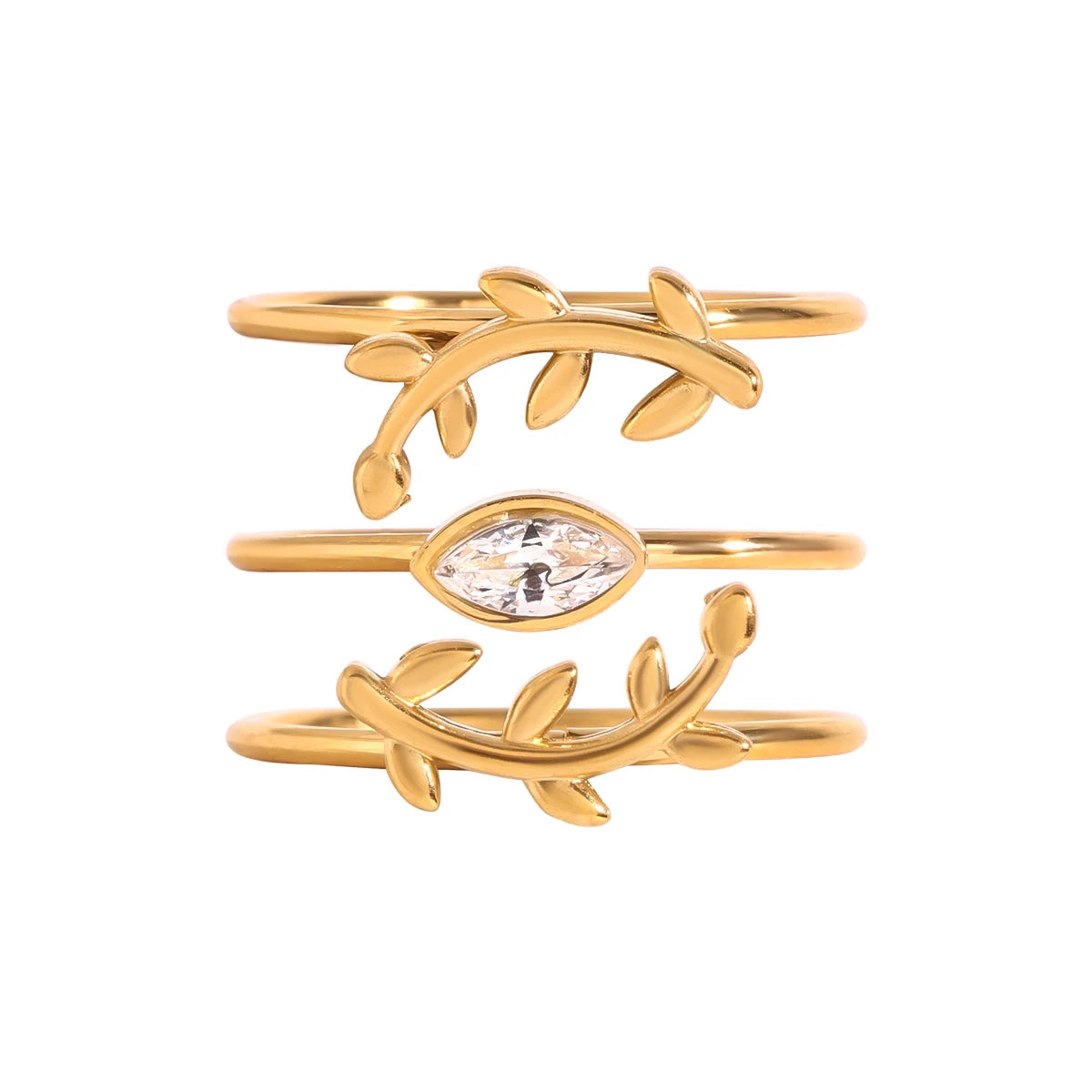 Set di 3 Anelli Impilabili Eleganti da Donna in Acciaio Inossidabile Placcato Oro 18K con Strass Scintillanti e Delicato Design a Foglia