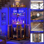Aheaplus Corner Bar Cabinet with Power Outlet, Industrial Wine Cabinet with LED Strip and Glass Holder, 5-Tiers Liquor Cabinet Bar Unit for Home, Corner Display Cabinet for Small Space, Rustic Brown - Grand Goldman