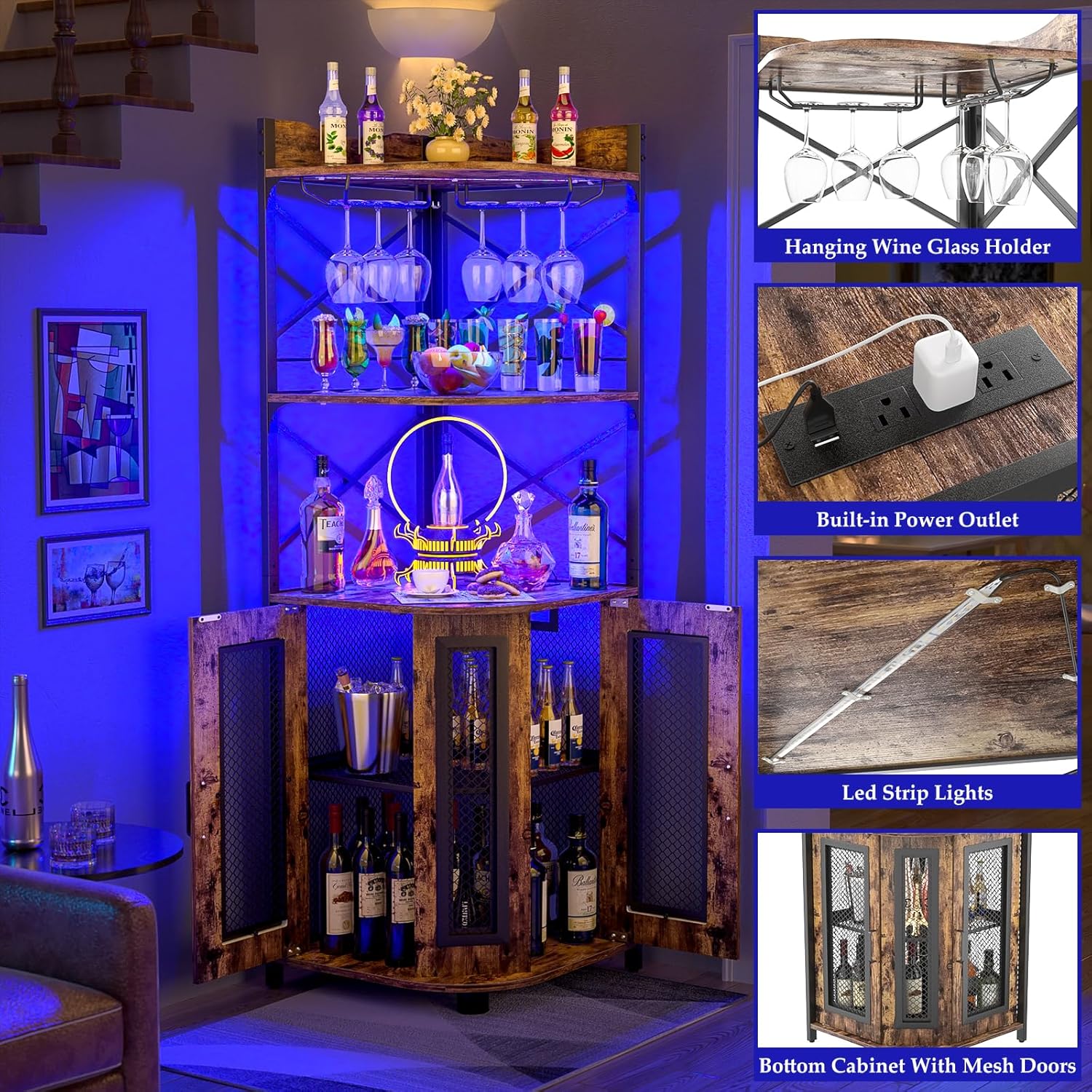 Aheaplus Corner Bar Cabinet with Power Outlet, Industrial Wine Cabinet with LED Strip and Glass Holder, 5-Tiers Liquor Cabinet Bar Unit for Home, Corner Display Cabinet for Small Space, Rustic Brown - Grand Goldman