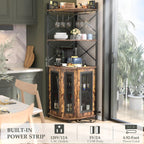Aheaplus Corner Bar Cabinet with Power Outlet, Industrial Wine Cabinet with LED Strip and Glass Holder, 5-Tiers Liquor Cabinet Bar Unit for Home, Corner Display Cabinet for Small Space, Rustic Brown - Grand Goldman
