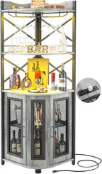 Aheaplus Corner Bar Cabinet with Power Outlet, Industrial Wine Cabinet with LED Strip and Glass Holder, 5-Tiers Liquor Cabinet Bar Unit for Home, Corner Display Cabinet for Small Space, Rustic Brown - Grand Goldman