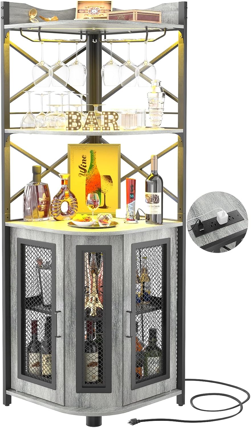 Aheaplus Corner Bar Cabinet with Power Outlet, Industrial Wine Cabinet with LED Strip and Glass Holder, 5-Tiers Liquor Cabinet Bar Unit for Home, Corner Display Cabinet for Small Space, Rustic Brown - Grand Goldman