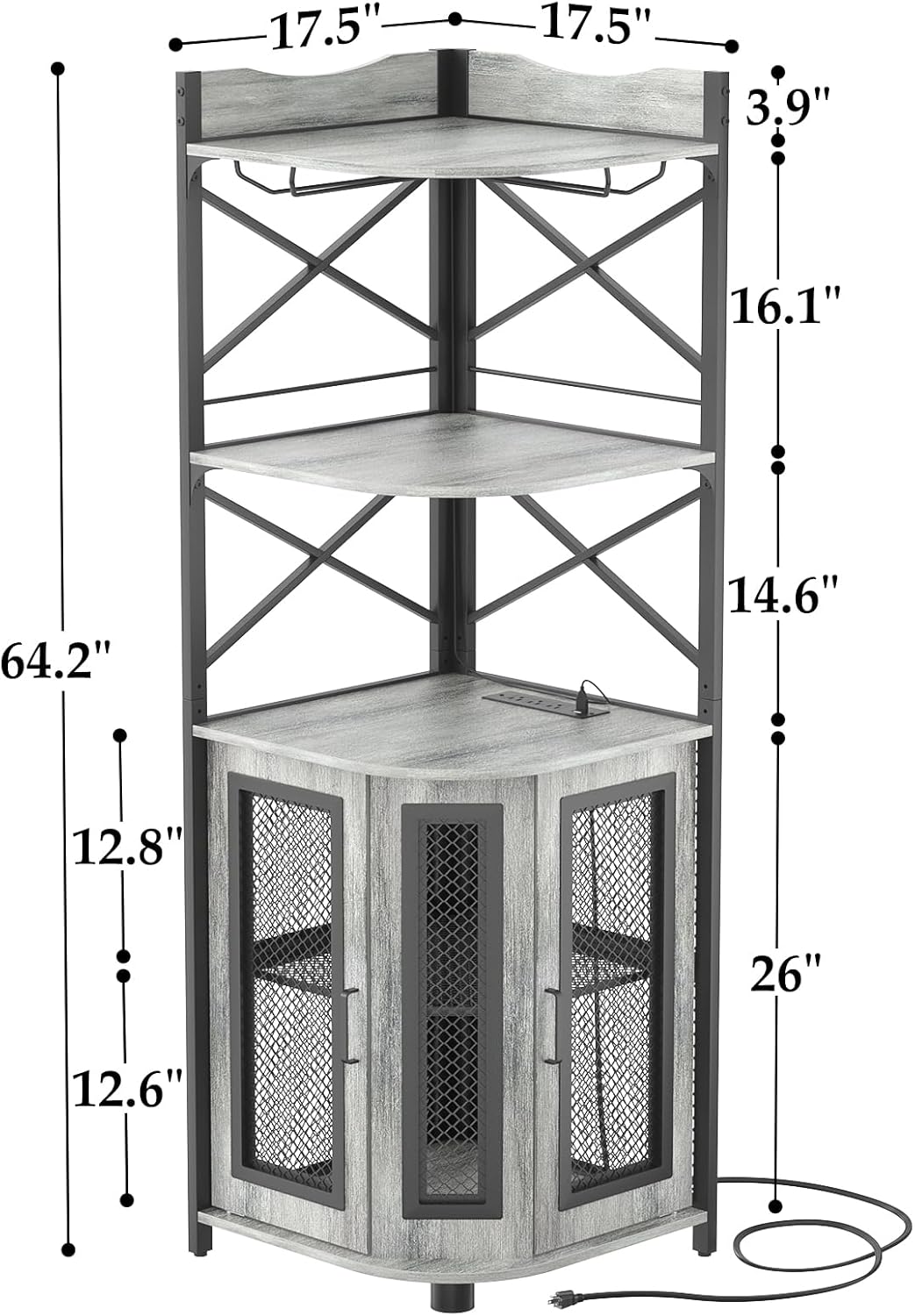 Aheaplus Corner Bar Cabinet with Power Outlet, Industrial Wine Cabinet with LED Strip and Glass Holder, 5-Tiers Liquor Cabinet Bar Unit for Home, Corner Display Cabinet for Small Space, Rustic Brown - Grand Goldman
