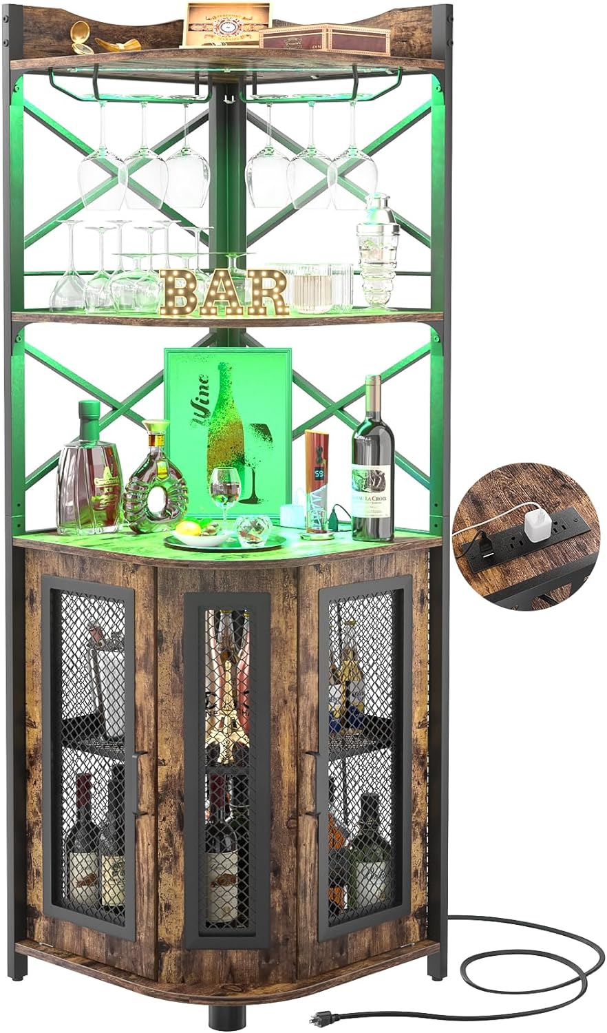 Aheaplus Corner Bar Cabinet with Power Outlet, Industrial Wine Cabinet with LED Strip and Glass Holder, 5-Tiers Liquor Cabinet Bar Unit for Home, Corner Display Cabinet for Small Space, Rustic Brown - Grand Goldman
