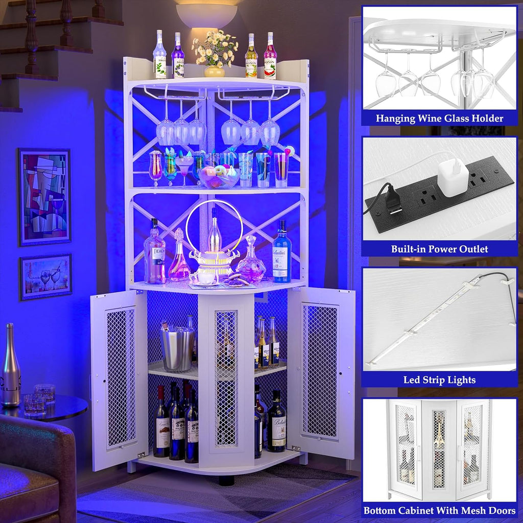 Aheaplus Corner Bar Cabinet with Power Outlet, Industrial Wine Cabinet with LED Strip and Glass Holder, 5-Tiers Liquor Cabinet Bar Unit for Home, Corner Display Cabinet for Small Space, Rustic Brown - Grand Goldman