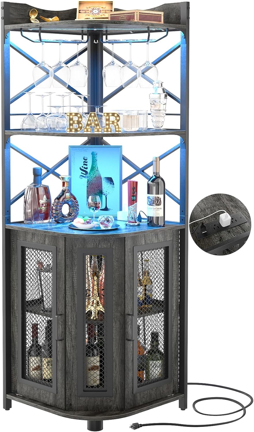 Aheaplus Corner Bar Cabinet with Power Outlet, Industrial Wine Cabinet with LED Strip and Glass Holder, 5-Tiers Liquor Cabinet Bar Unit for Home, Corner Display Cabinet for Small Space, Rustic Brown - Grand Goldman