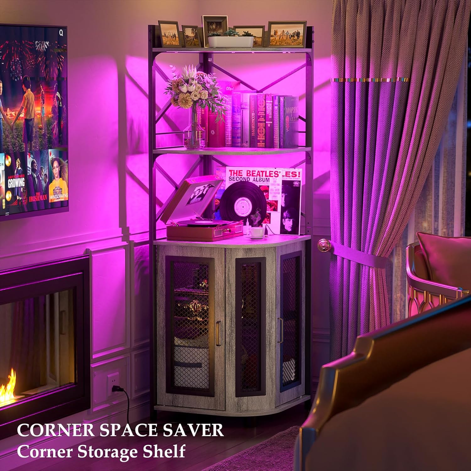 Aheaplus Corner Bar Cabinet with Power Outlet, Industrial Wine Cabinet with LED Strip and Glass Holder, 5-Tiers Liquor Cabinet Bar Unit for Home, Corner Display Cabinet for Small Space, Rustic Brown - Grand Goldman