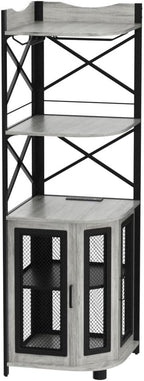 Aheaplus Corner Bar Cabinet with Power Outlet, Industrial Wine Cabinet with LED Strip and Glass Holder, 5-Tiers Liquor Cabinet Bar Unit for Home, Corner Display Cabinet for Small Space, Rustic Brown - Grand Goldman