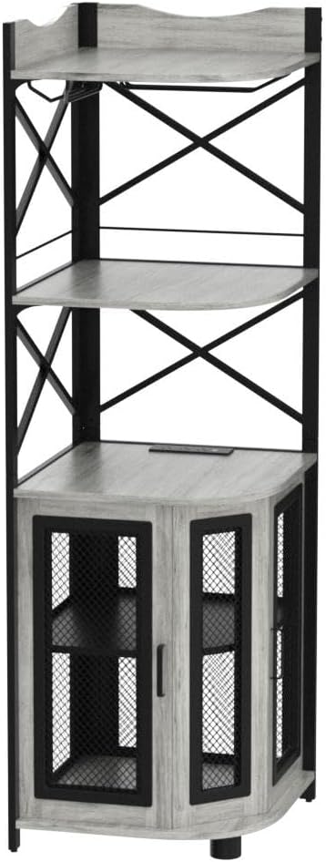 Aheaplus Corner Bar Cabinet with Power Outlet, Industrial Wine Cabinet with LED Strip and Glass Holder, 5-Tiers Liquor Cabinet Bar Unit for Home, Corner Display Cabinet for Small Space, Rustic Brown - Grand Goldman