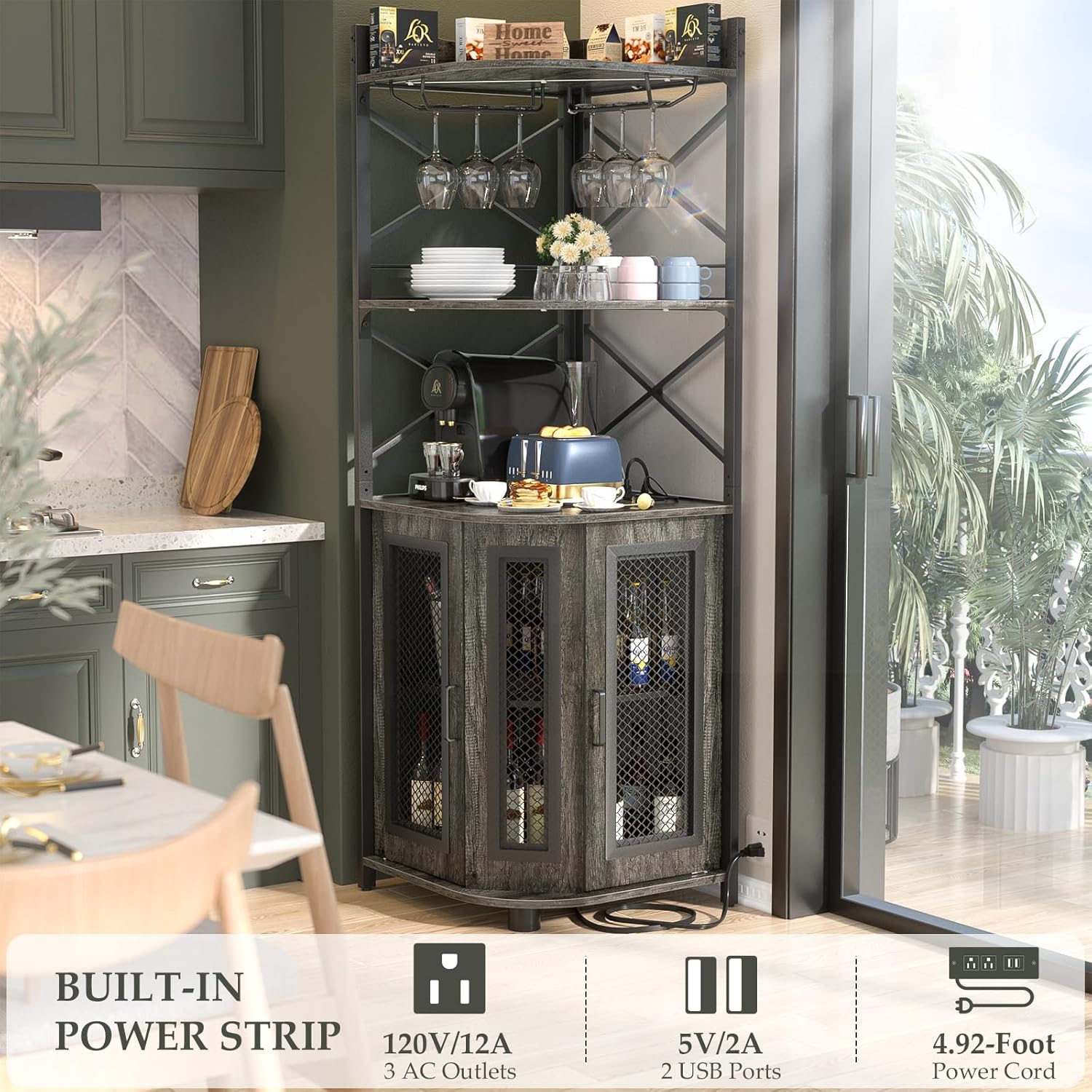 Aheaplus Corner Bar Cabinet with Power Outlet, Industrial Wine Cabinet with LED Strip and Glass Holder, 5-Tiers Liquor Cabinet Bar Unit for Home, Corner Display Cabinet for Small Space, Rustic Brown - Grand Goldman