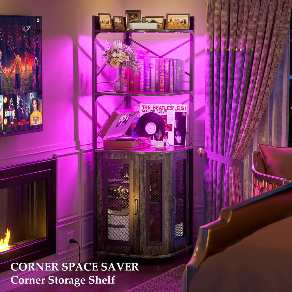 Aheaplus Corner Bar Cabinet with Power Outlet, Industrial Wine Cabinet with LED Strip and Glass Holder, 5-Tiers Liquor Cabinet Bar Unit for Home, Corner Display Cabinet for Small Space, Rustic Brown - Grand Goldman