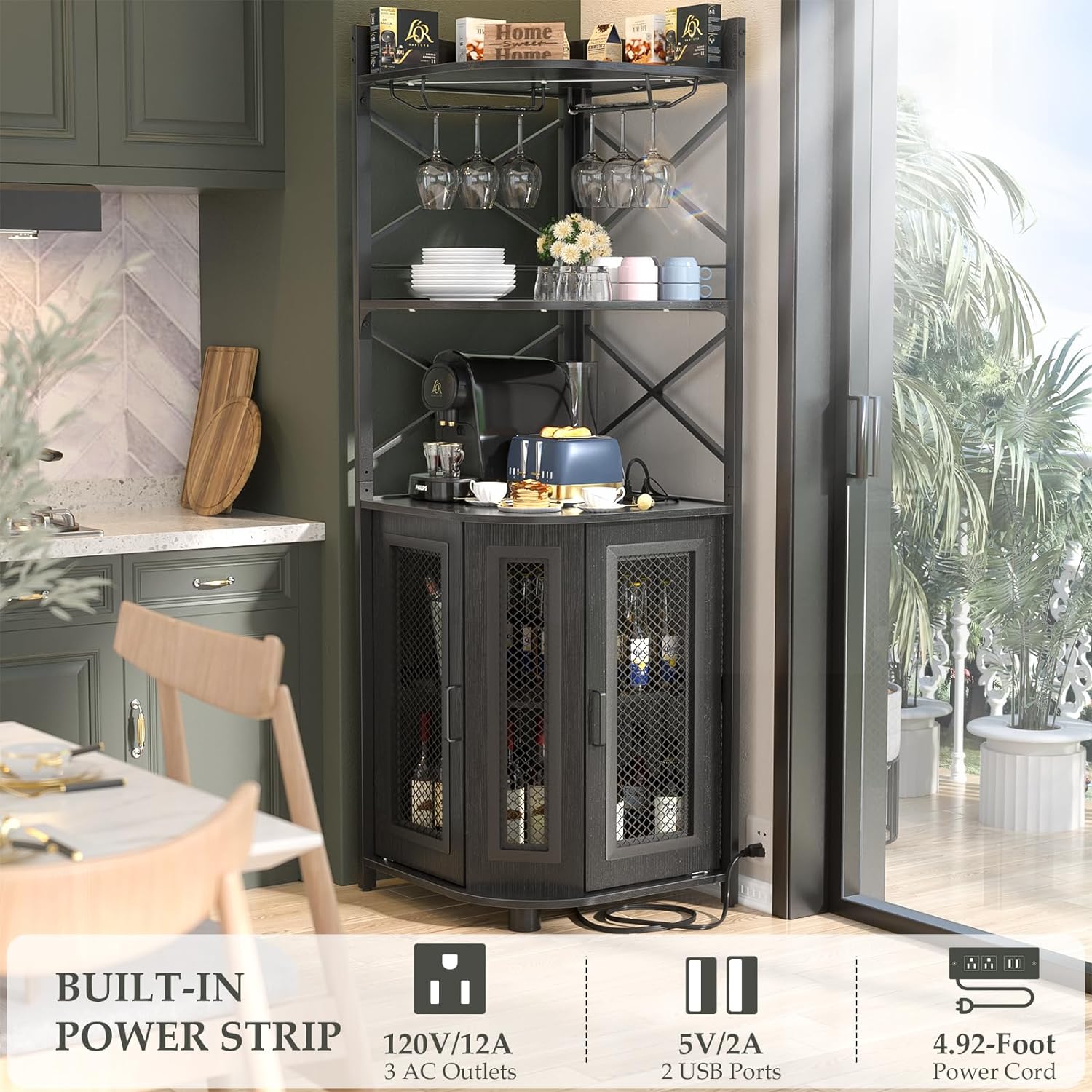 Aheaplus Corner Bar Cabinet with Power Outlet, Industrial Wine Cabinet with LED Strip and Glass Holder, 5-Tiers Liquor Cabinet Bar Unit for Home, Corner Display Cabinet for Small Space, Rustic Brown - Grand Goldman