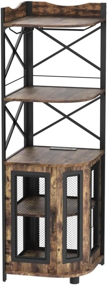 Aheaplus Corner Bar Cabinet with Power Outlet, Industrial Wine Cabinet with LED Strip and Glass Holder, 5-Tiers Liquor Cabinet Bar Unit for Home, Corner Display Cabinet for Small Space, Rustic Brown - Grand Goldman