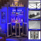 Aheaplus Corner Bar Cabinet with Power Outlet, Industrial Wine Cabinet with LED Strip and Glass Holder, 5-Tiers Liquor Cabinet Bar Unit for Home, Corner Display Cabinet for Small Space, Rustic Brown - Grand Goldman
