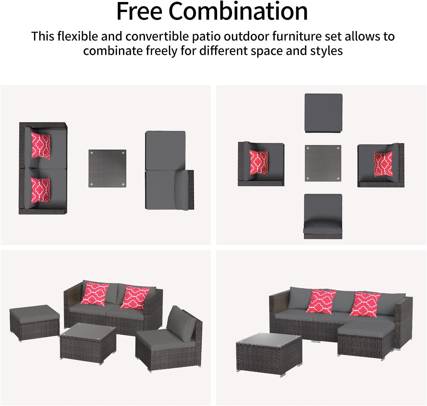 Aiho Outdoor Patio Furniture Sets All Weather Outdoor Sofa PE Garden Furniture Wicker Rattan Patio Conversation Set with Glass Table (Grey) - Grand Goldman