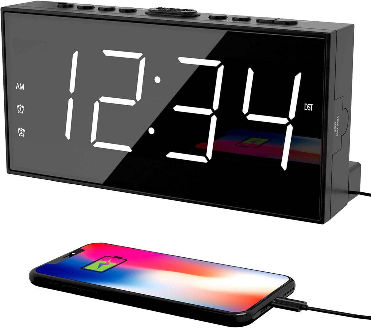 Alarm Clock for Bedroom, 2 Alarms Loud LED Big Display Plug in Simple Basic Digital Clock with USB Charging Port, Adjustable Volume, Dimmable, Snooze for Deep Sleepers Kids Elderly Home Office - Grand Goldman