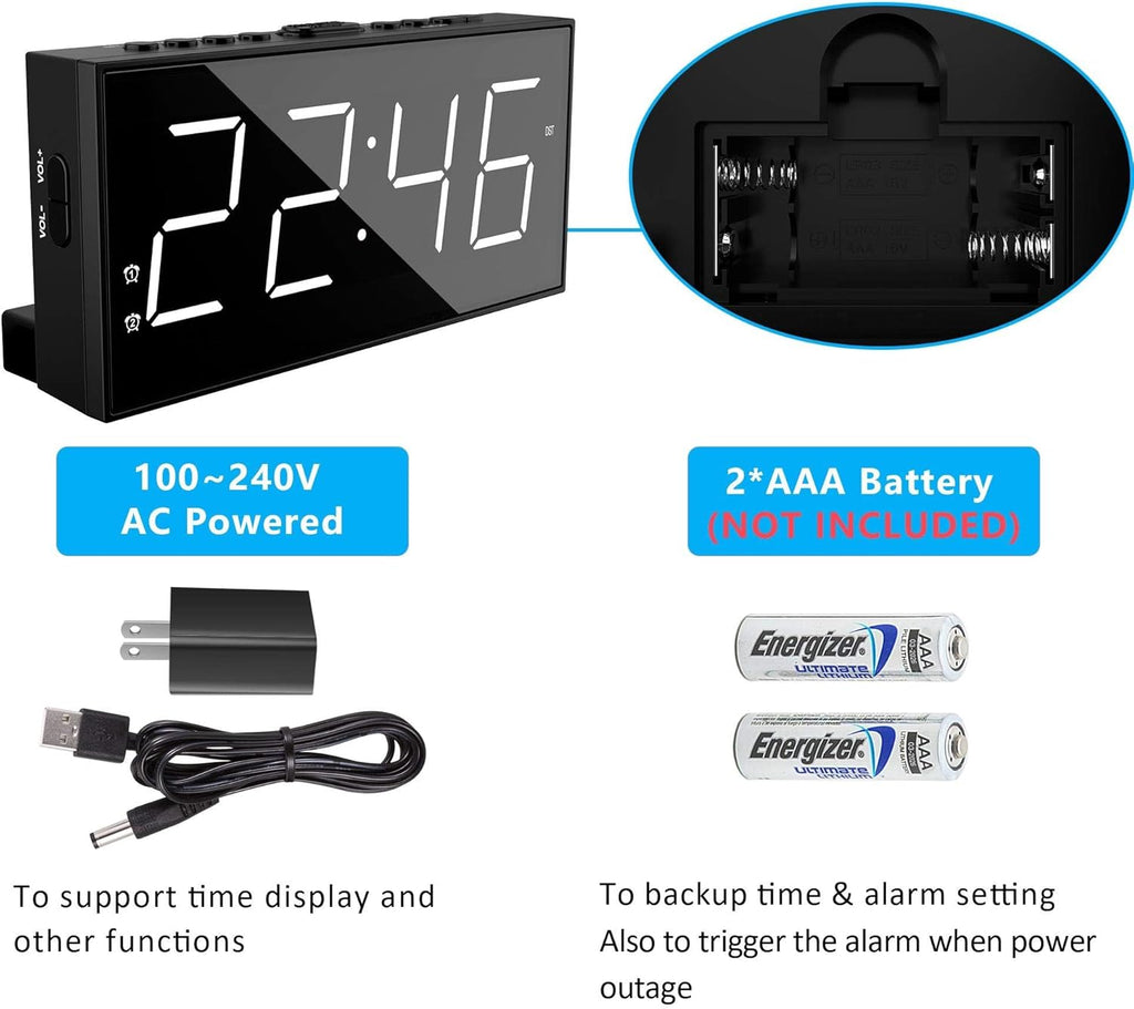 Alarm Clock for Bedroom, 2 Alarms Loud LED Big Display Plug in Simple Basic Digital Clock with USB Charging Port, Adjustable Volume, Dimmable, Snooze for Deep Sleepers Kids Elderly Home Office - Grand Goldman