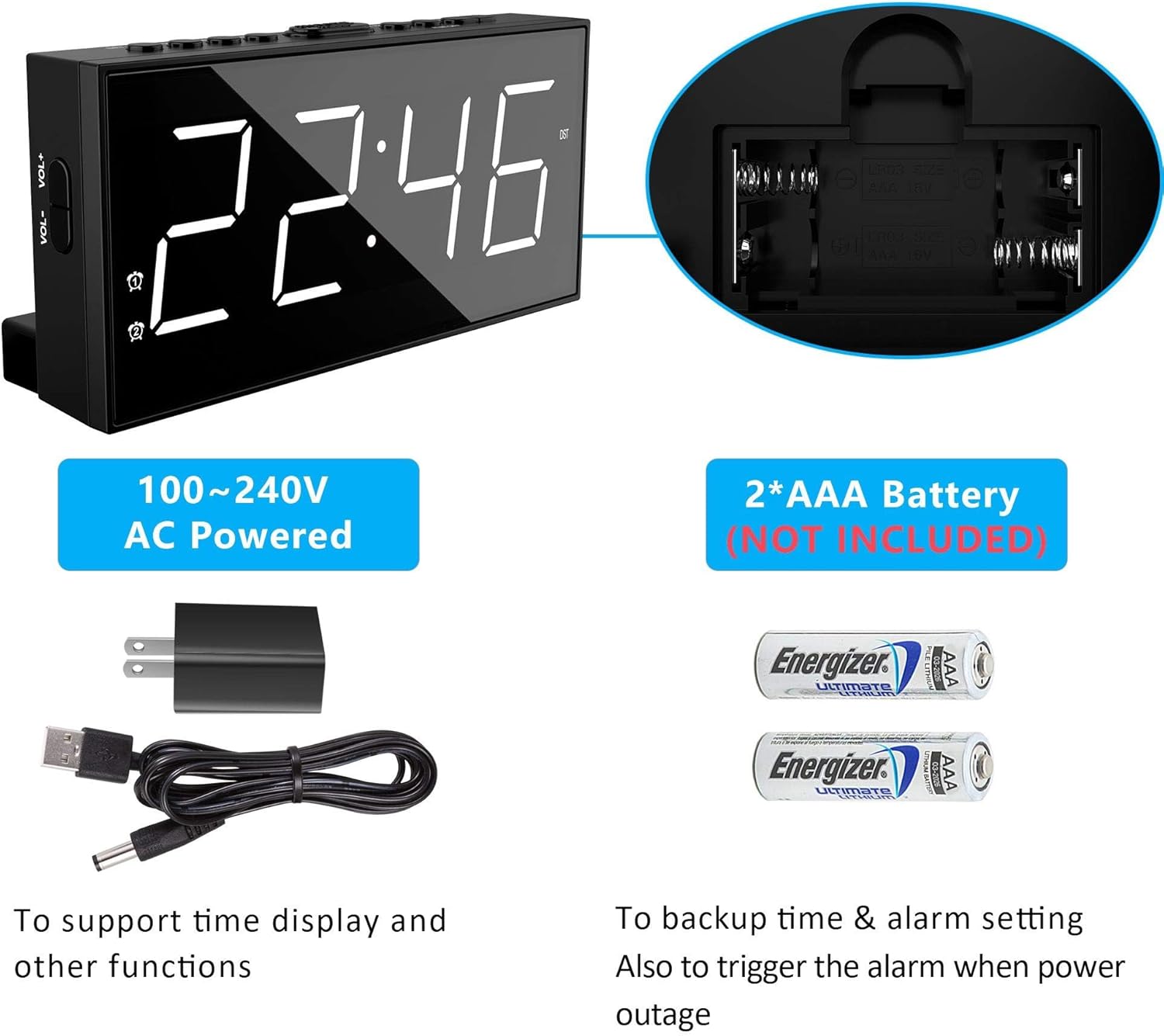 Alarm Clock for Bedroom, 2 Alarms Loud LED Big Display Plug in Simple Basic Digital Clock with USB Charging Port, Adjustable Volume, Dimmable, Snooze for Deep Sleepers Kids Elderly Home Office - Grand Goldman