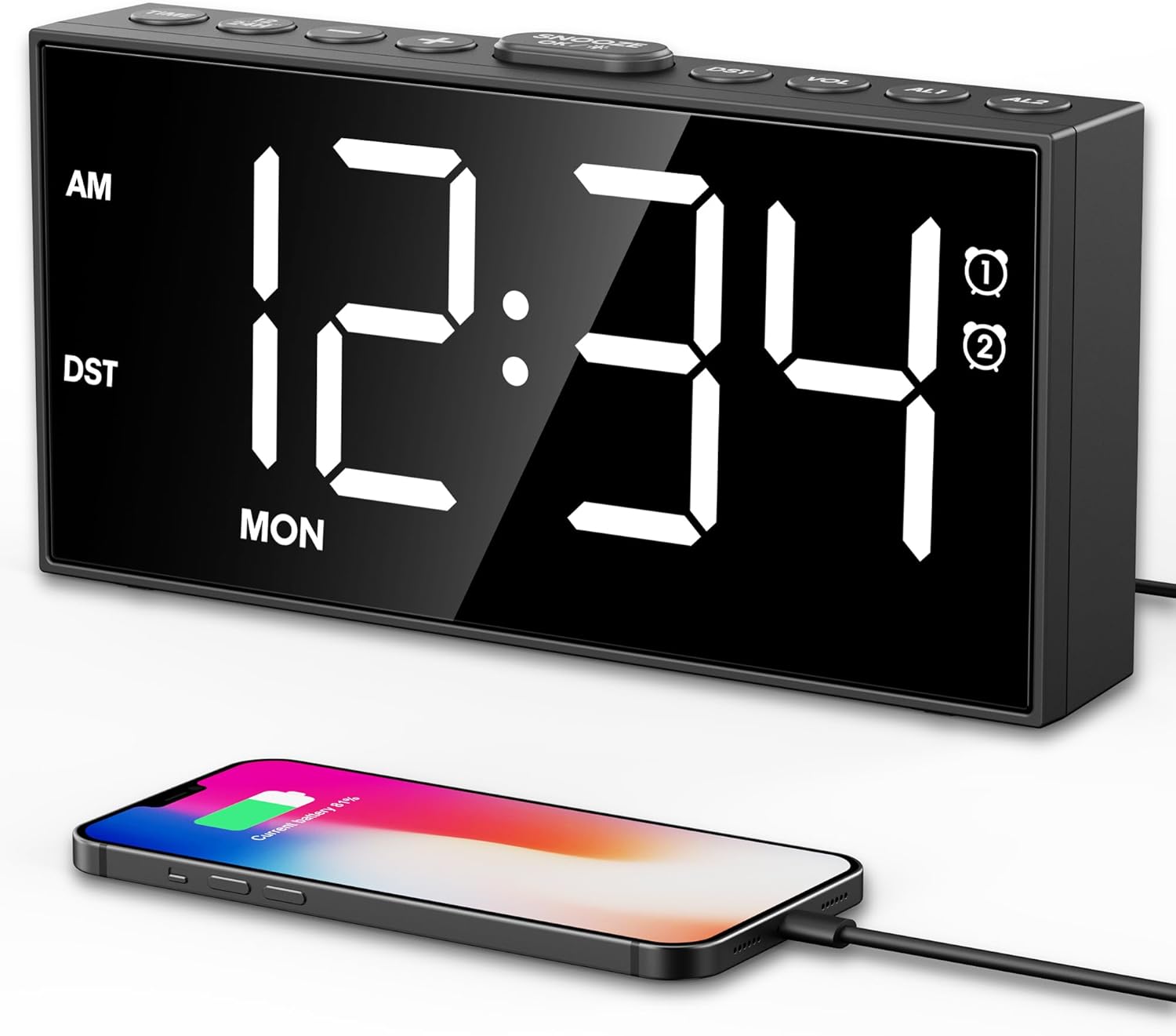 Alarm Clock for Bedroom, 2 Alarms Loud LED Big Display Plug in Simple Basic Digital Clock with USB Charging Port, Adjustable Volume, Dimmable, Snooze for Deep Sleepers Kids Elderly Home Office - Grand Goldman