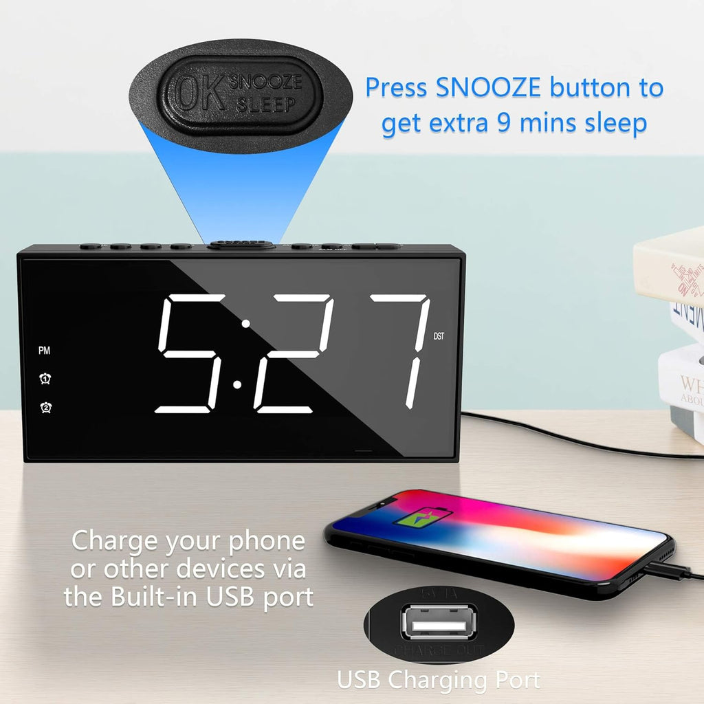 Alarm Clock for Bedroom, 2 Alarms Loud LED Big Display Plug in Simple Basic Digital Clock with USB Charging Port, Adjustable Volume, Dimmable, Snooze for Deep Sleepers Kids Elderly Home Office - Grand Goldman