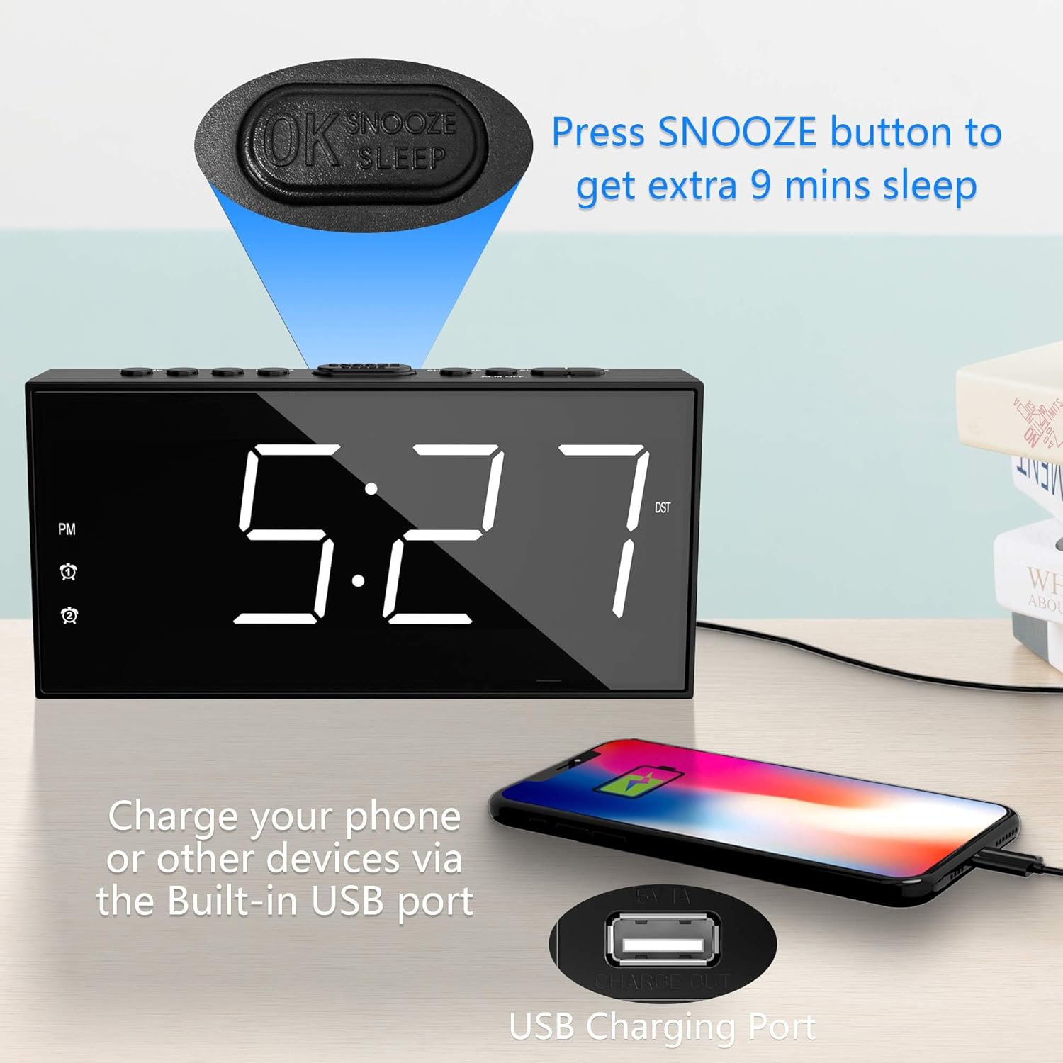 Alarm Clock for Bedroom, 2 Alarms Loud LED Big Display Plug in Simple Basic Digital Clock with USB Charging Port, Adjustable Volume, Dimmable, Snooze for Deep Sleepers Kids Elderly Home Office - Grand Goldman