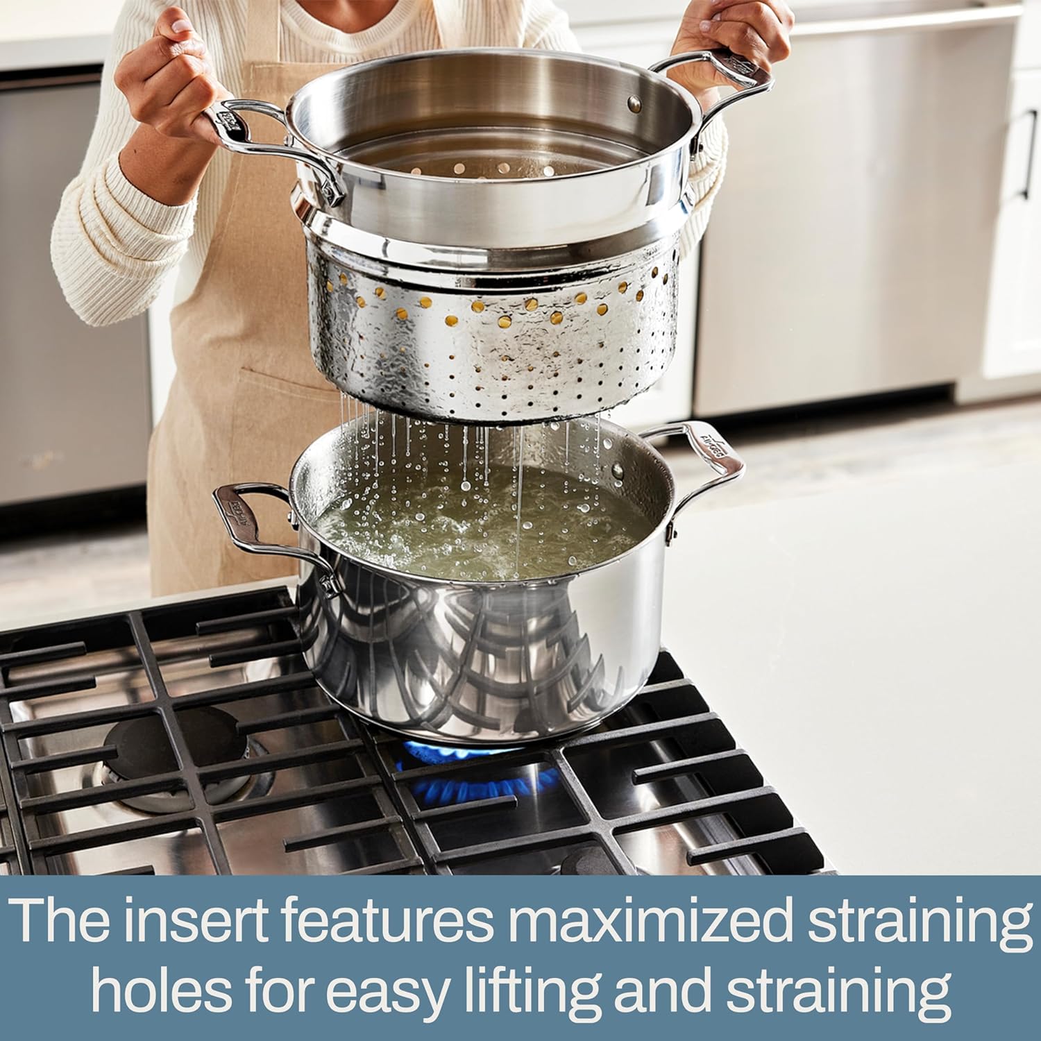 All-Clad Simply Strain Stainless Steel Multipot with Straining Lid, 6-Quart, Induction, Oven Broiler Safe 600F, Strainer, Pasta Strainer with Handle, Steamer Pot, Cookware, Home, Pots and Pans, Silver - Grand Goldman