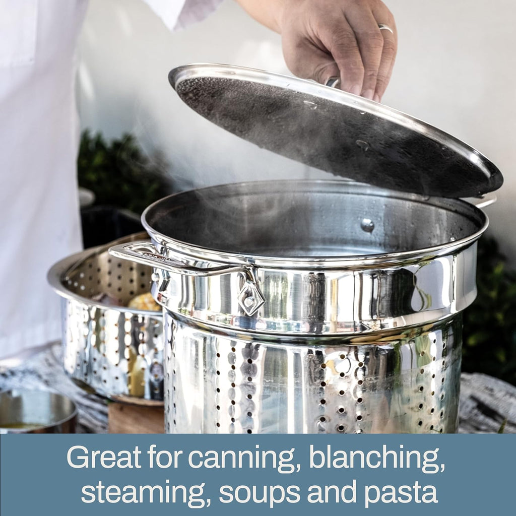 All-Clad Specialty Stainless Steel Stockpot, Multi-Pot with Strainer 3 Piece, 6 Quart Induction Oven Broiler Safe 500F Strainer, Pasta Strainer with Handle, Pots and Pans Silver - Grand Goldman