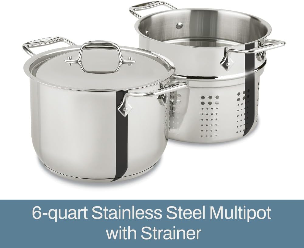 All-Clad Specialty Stainless Steel Stockpot, Multi-Pot with Strainer 3 Piece, 6 Quart Induction Oven Broiler Safe 500F Strainer, Pasta Strainer with Handle, Pots and Pans Silver - Grand Goldman