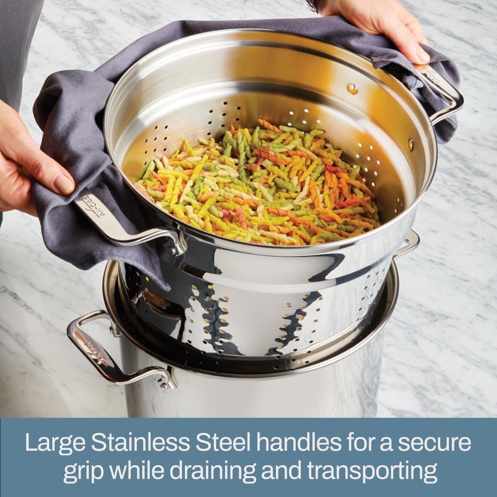 All-Clad Specialty Stainless Steel Stockpot, Multi-Pot with Strainer 3 Piece, 6 Quart Induction Oven Broiler Safe 500F Strainer, Pasta Strainer with Handle, Pots and Pans Silver - Grand Goldman