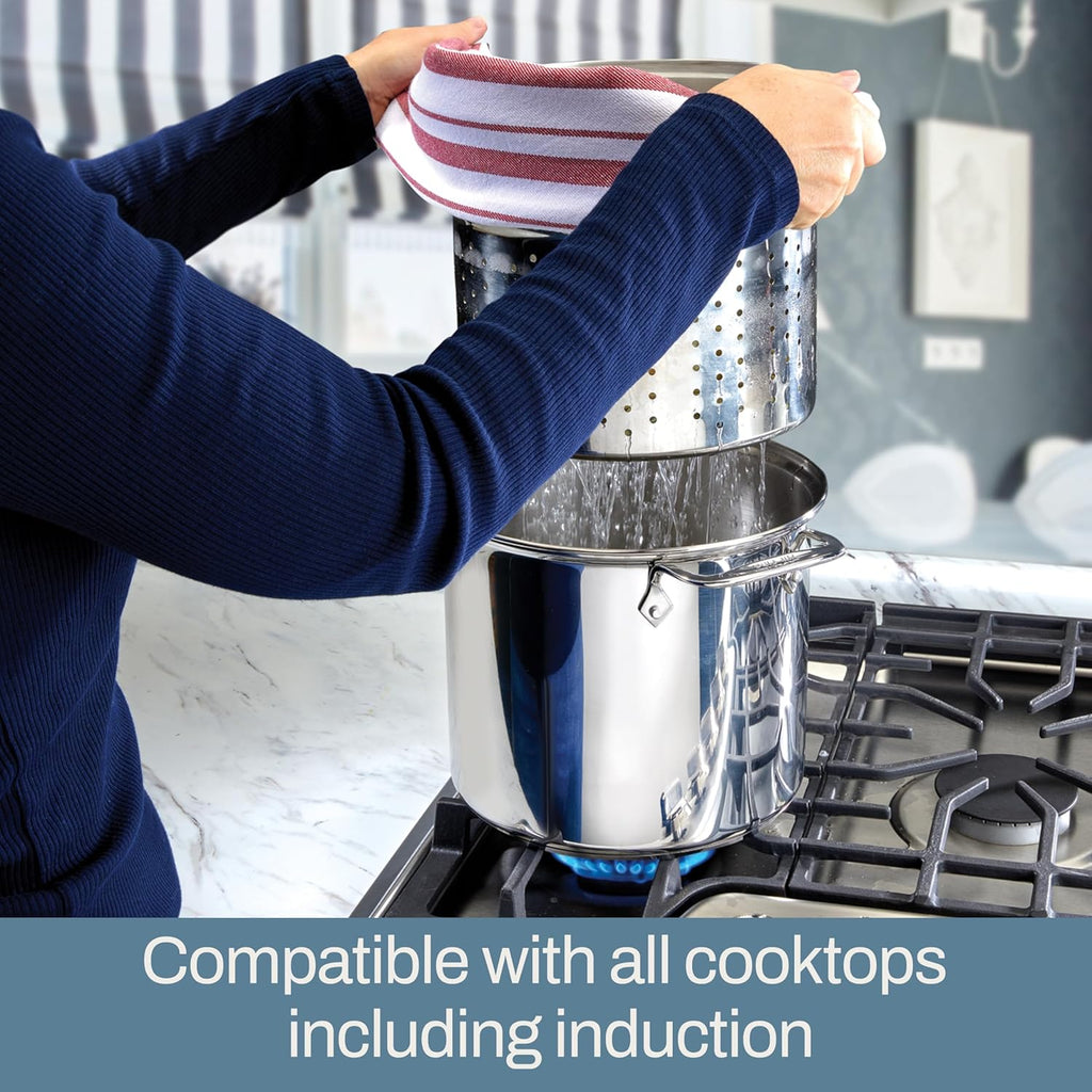 All-Clad Specialty Stainless Steel Stockpot, Multi-Pot with Strainer 3 Piece, 6 Quart Induction Oven Broiler Safe 500F Strainer, Pasta Strainer with Handle, Pots and Pans Silver - Grand Goldman