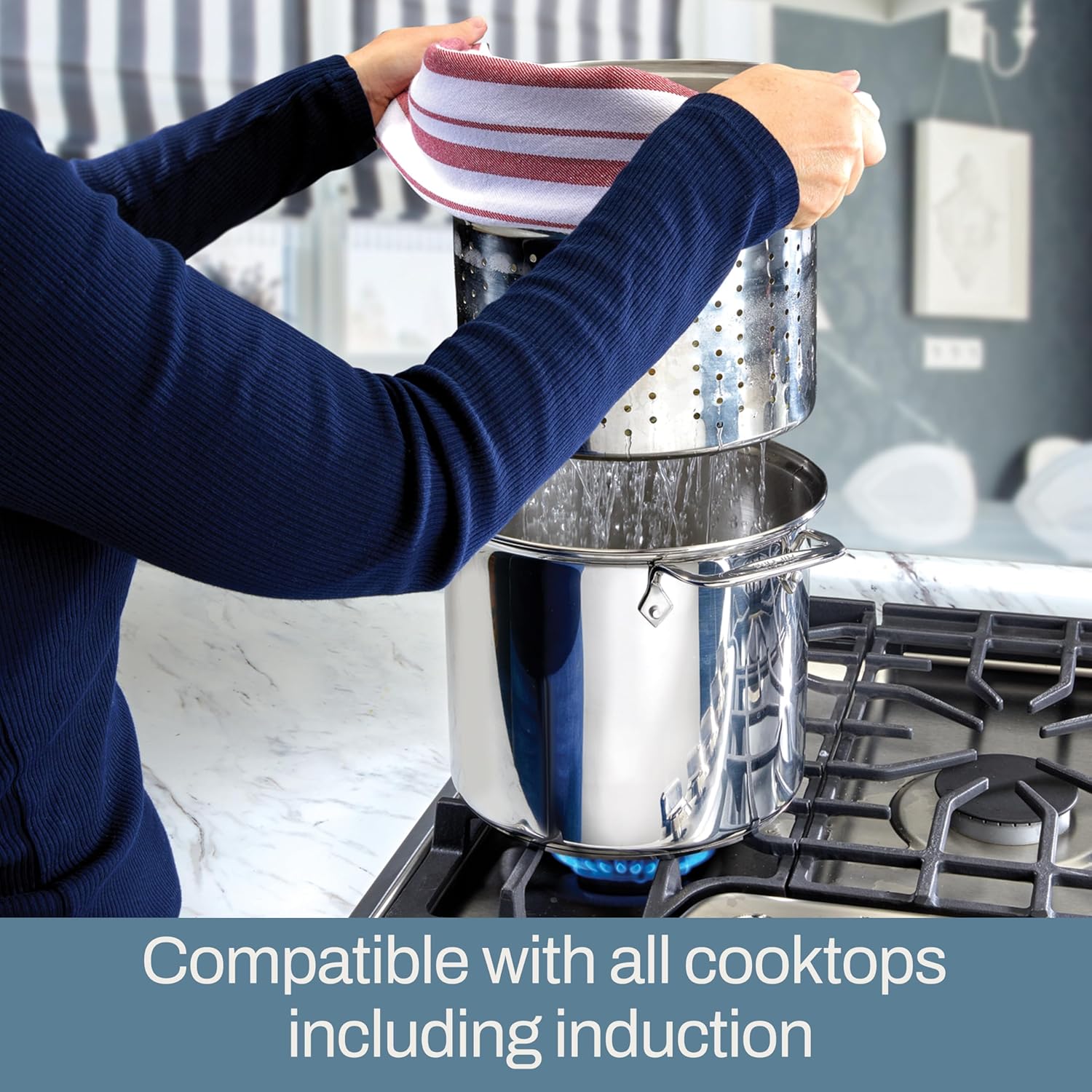 All-Clad Specialty Stainless Steel Stockpot, Multi-Pot with Strainer 3 Piece, 6 Quart Induction Oven Broiler Safe 500F Strainer, Pasta Strainer with Handle, Pots and Pans Silver - Grand Goldman