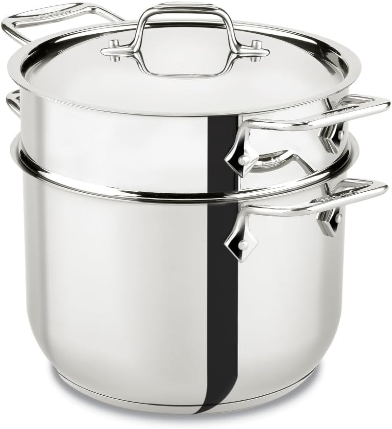 All-Clad Specialty Stainless Steel Stockpot, Multi-Pot with Strainer 3 Piece, 6 Quart Induction Oven Broiler Safe 500F Strainer, Pasta Strainer with Handle, Pots and Pans Silver - Grand Goldman